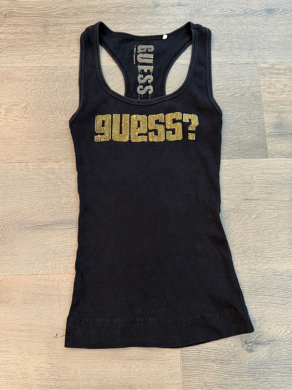 Guess rhinestone mcbling tank too Y2K black & gold